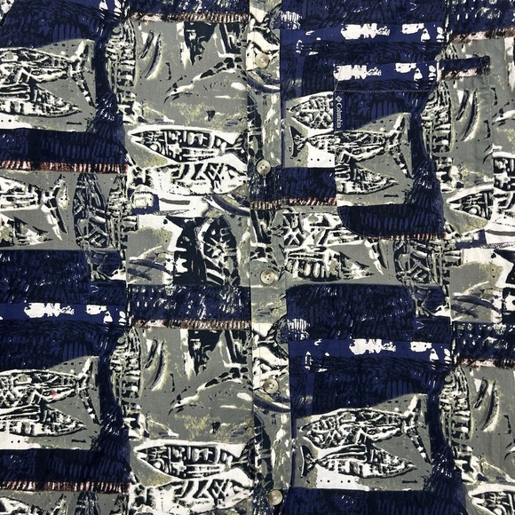 Columbia Mens Button Down Pocket Shirt Fish Fossil All Over Print Cotton Sz L - Picture 4 of 8